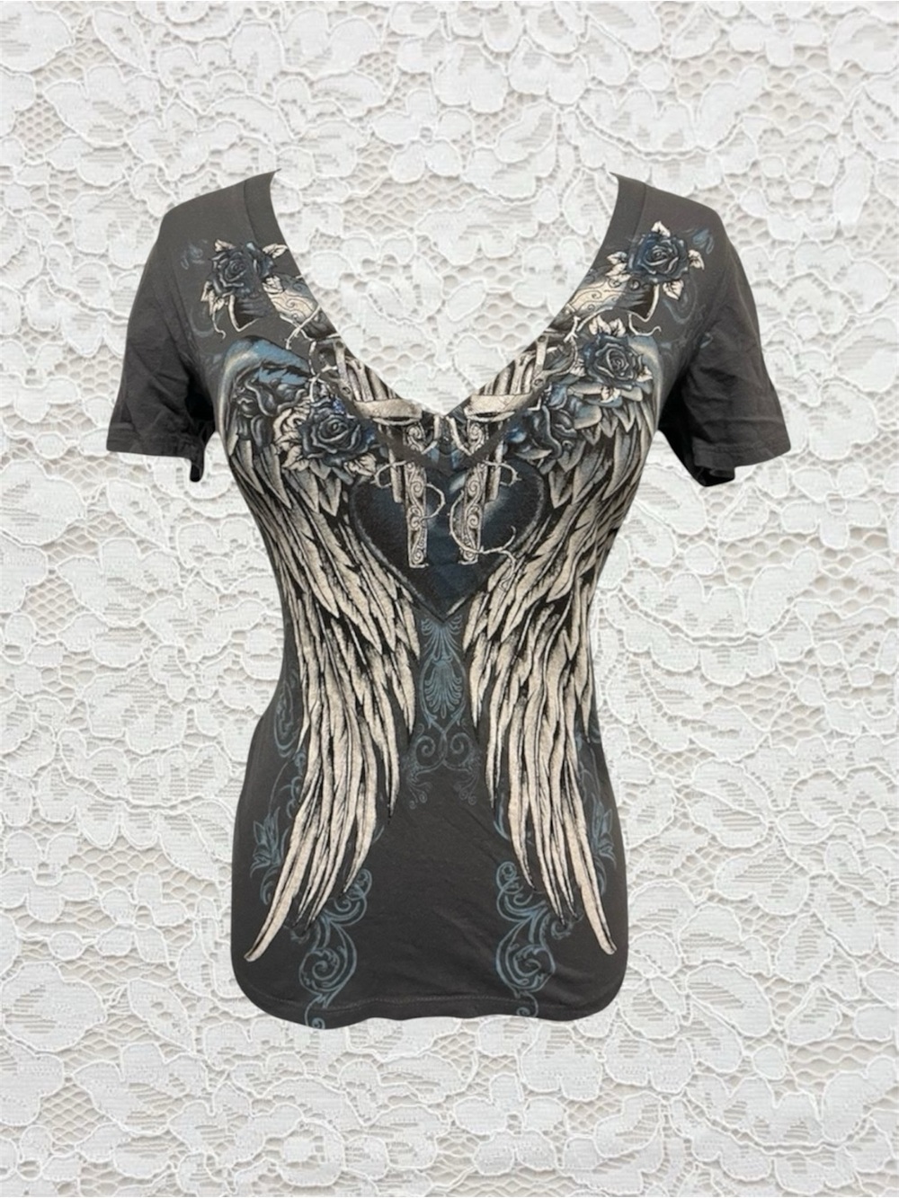 vintage black & grey gothic angel wing top